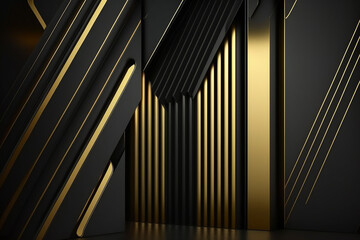 gold modern design, luxury shape black and gold abstract presentation design background. Geometric linear pattern of gold and black structural elements. Luxury golden metal background with lines. 