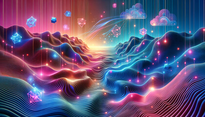 Wall Mural - Surreal Synapses: Convolutional Network in Psychedelic Digital Landscape