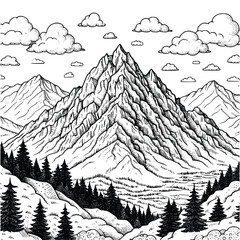 hand drawn mountain and tree coloring book illustration. black and white mountain outline illustration