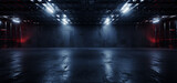 Fototapeta Do przedpokoju - Sci Fi Grunge Cement Asphalt Underground Warehouse Tunnel Corridor Garage Basement Alien Metal Plates Showroom Background Realistic Dark Room 3D Rendering