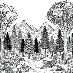 hand drawn mountain and tree coloring book illustration. black and white mountain outline illustration