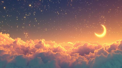 Wall Mural - radiant ramadan kareem, a background adorned with crescent, stars, and glowing clouds, illuminating 
