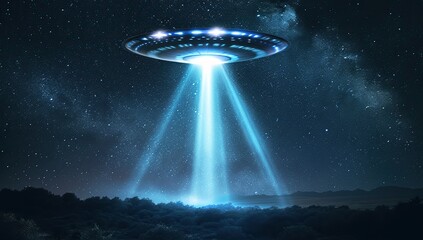Wall Mural - alien spacecraft with beams of light in the night sky. the concept of earth visitation by extraterre