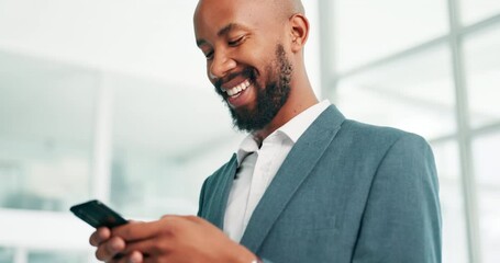 Aufkleber - Happy, businessman and phone typing for social media, communication or online chatting at office. Black man or employee with smile on mobile smartphone in research, texting or networking at workplace