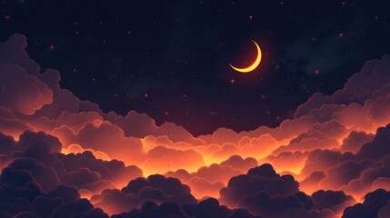 Wall Mural - radiant ramadan kareem, a background adorned with crescent, stars, and glowing clouds, illuminating 