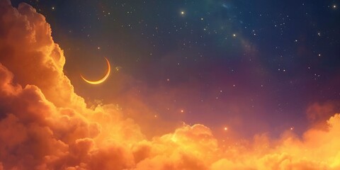 Wall Mural - radiant ramadan kareem, a background adorned with crescent, stars, and glowing clouds, illuminating 