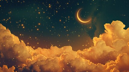 Wall Mural - radiant ramadan kareem, a background adorned with crescent, stars, and glowing clouds, illuminating 