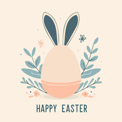 Poster - Happy Easter banner, poster, greeting card. Trendy Easter design with typography, bunnies, flowers, eggs, bunny ears, in pastel colors. Modern minimal style