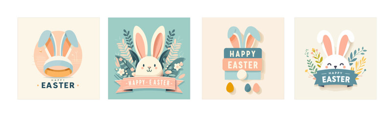 Poster - Happy Easter concept design, story template and banner set with bunny. Happy Easter Hand drawn