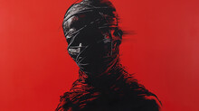High Contrast Painting Of A Mummy, Black And Red Monotone, Set Against A Simple Flat Background