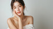 © A_visual - Beautiful young Asian woman, white, smooth, clean face. Studio atmosphere, advertising concept for cosmetics, spa, beauty clinic, Generative AI