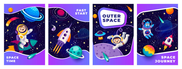 Poster - Space posters and flyers. Astronauts, alien and rocket spaceship between galaxy space planets and stars. Galaxy travel vector banners with kid astronaut and alien cheerful personages flying in galaxy