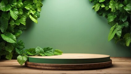 Poster - Realistic 3d wood display podium stage with green leaf isolated on green background. AI Generated