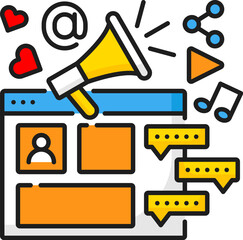 Poster - Web development career, social media director job, IT specialist vacancy line color icon. Website application development, IT technology specialist line vector icon with browser page, loudspeaker