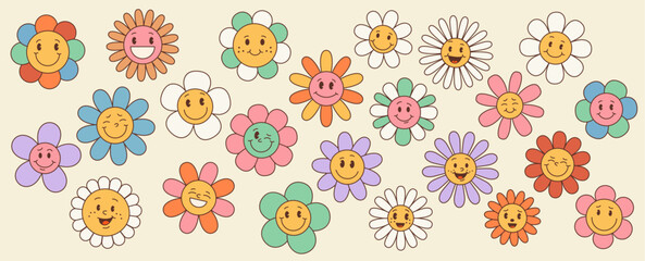 Poster - Retro groovy daisy sunflower, cute happy flower characters isolated vector set. Chamomile blooms cartoon personage, with vibrant petals, radiating joyful vibes and a touch of nostalgic charm of 60s