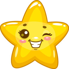 Wall Mural - Star, happy cartoon funny character with kawaii face, vector cute smile icon. Star twinkle personage or emoji and kid mascot or emoticon with winking eye, twinkling smiling star happy character