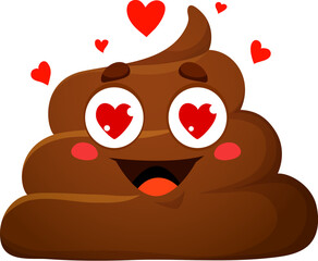 Wall Mural - Cartoon poop emoji with love hearts in eyes, vector funny poo excrement character. Happy toilet shit emoticon or smile with in love expression on face for comic poop or chat poo emoji