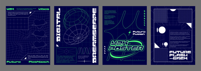 Fototapete - Retro futuristic vibe flyer templates set. Vector illustration of y2k aesthetic posters, retrowave style banners with geometric shapes, wireframe perspective, heart sign, text on blue background