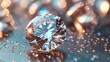 Brilliant cut diamonds sparkle intensely, scattered on a reflective surface with a soft focus on the background, highlighting the gem's exquisite facets and clarity