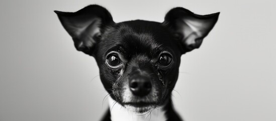 Sticker - Black and white portrait of a Toy Terrier dog with floppy ears and circular eyes.