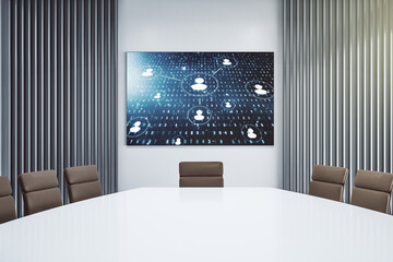 Poster - Social network media concept on tv display in a modern presentation room. 3D Rendering