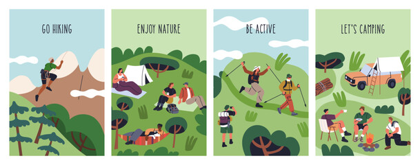 camping, hiking, climbing, summer adventure posters. tourists in nature, travel and tourism cards de