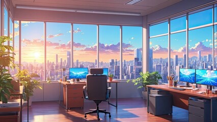 Illustration of office interior in anime style, peaceful landscape