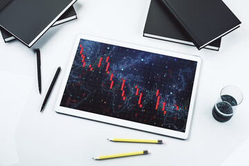 Aufkleber - Creative abstract economic crisis chart with world map hologram on modern digital tablet display, bankruptcy and recession concept. Top view. 3D Rendering