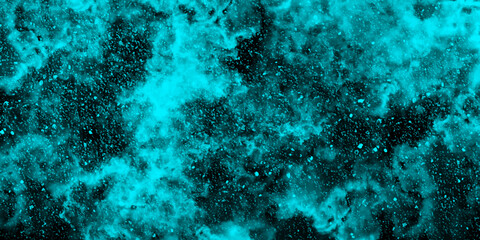 Fototapete - Abstract dynamic particles with soft blue clouds on dark background. Defocused Lights and Dust Particles. Watercolor wash aqua painted texture grungy design
