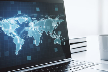 Aufkleber - Computer monitor with abstract graphic digital world map with connections, globalization concept. 3D Rendering