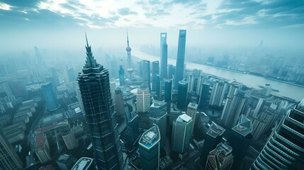 Wall Mural - Futuristic city skyline enveloped in mist at dawn. modern skyscrapers towering over urban landscape. ideal for background use. AI