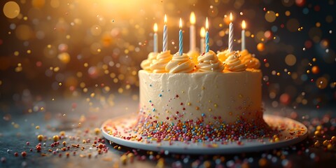 Poster - Festive birthday cake with lit candles and colorful sprinkles. joyful celebration atmosphere. perfect for greeting cards and party invitations. AI