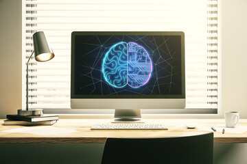 Wall Mural - Creative artificial Intelligence concept with human brain hologram on modern laptop screen. 3D Rendering