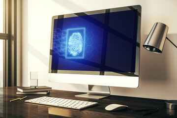 Aufkleber - Computer monitor with abstract creative fingerprint illustration, personal biometric data concept. 3D Rendering