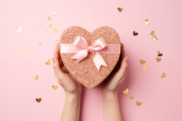 Wall Mural - Top view of a female hands holding a gift box with confetti on pink background. Flat lay composition for birthday or wedding