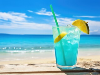 Blue cocktail on the beach with a straw. Generative AI.