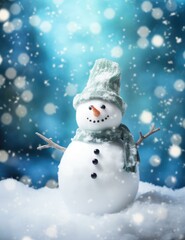  A snowman with a hat and scarf on a blue background. Generative AI.