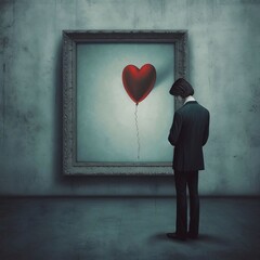 Wall Mural - A sad man in a suit standing in front of a picture frame with a Red Balloon. Valentine's Day as a day symbol of affection and love.