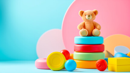 Poster - toys in a studio photoshoot, emphasizing a bright white tone background