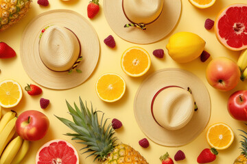 Wall Mural - Top view hats with fruit and flowers on yellow background, Flat lay Minimal fashion summer holiday vacation concept