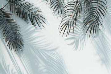 Wall Mural - Top view of green tropical palm tree and shadow on white wall background, Minimal fashion summer holiday concept. Flat lay