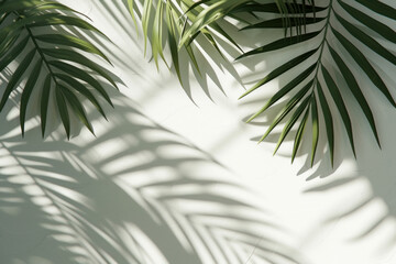 Wall Mural - Top view of green tropical palm tree and shadow on white wall background, Minimal fashion summer holiday concept. Flat lay
