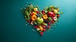 © vectorizer88 - Floating fruits and vegetables in a heart shape, on a soft teal background, in natural light