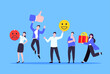 Employee feedback work satisfaction survey business concept flat vector illustration. Employee or customer feedback rating opinion with people and social icons - thumb, smile emoji, stars and heart.