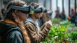 People are engaging with virtual reality experiences in a public setting, wearing VR headsets, exploring digital environments overlaid on the physical world.