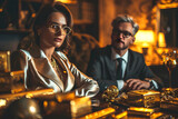 Fototapeta  - business successful couple in the office among gold bars. wealth and financial wealth of the rich
