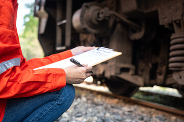 Wall Mural - action of a mechanic engineer is checking on heavy machine checklist form to verify the quality of m