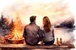 Young couple sitting on a wooden bench by the lake and looking at the fire.