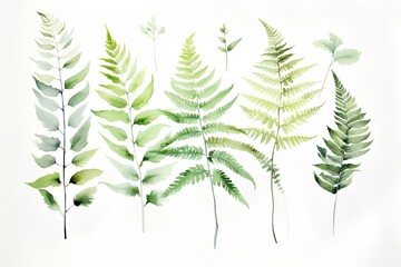 Wall Mural - Watercolor fern set. Hand drawn vector illustration isolated on white background.