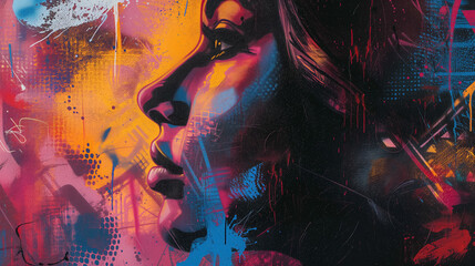 Wall Mural - Colorful, vibrant portrait of a woman's profile.